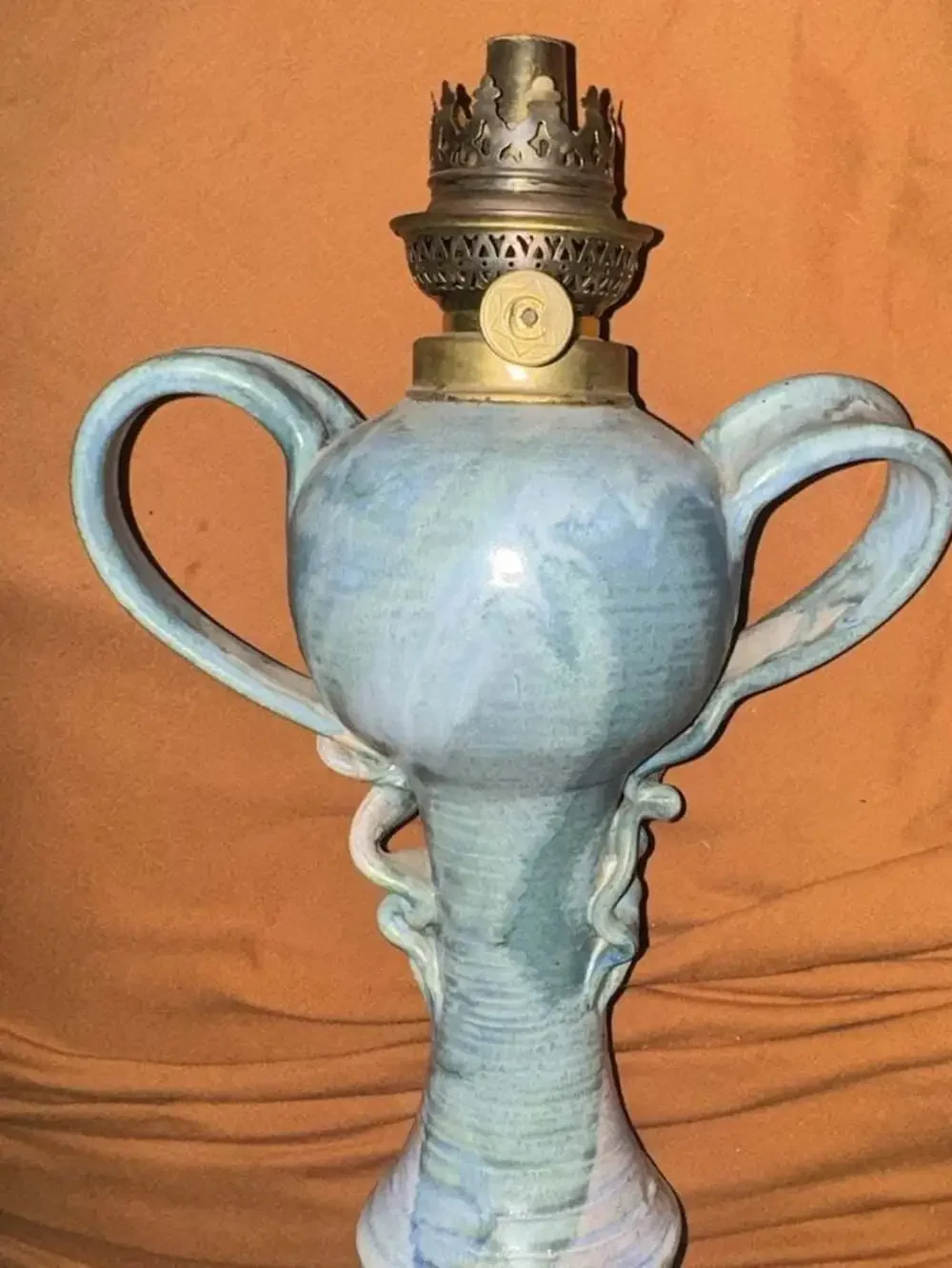 Vintage Handcrafted Studio Pottery Ceramic Oil Lamp with Blue Glaze